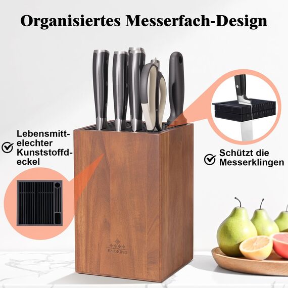 ENOKING Messerblock ohne Messer aus Akazienholz, unbestückte messerblöcke mit Kunststoffdeckel, Hochwertiges universal messerblock für Messer und Geflügelschere/Wetzstahl