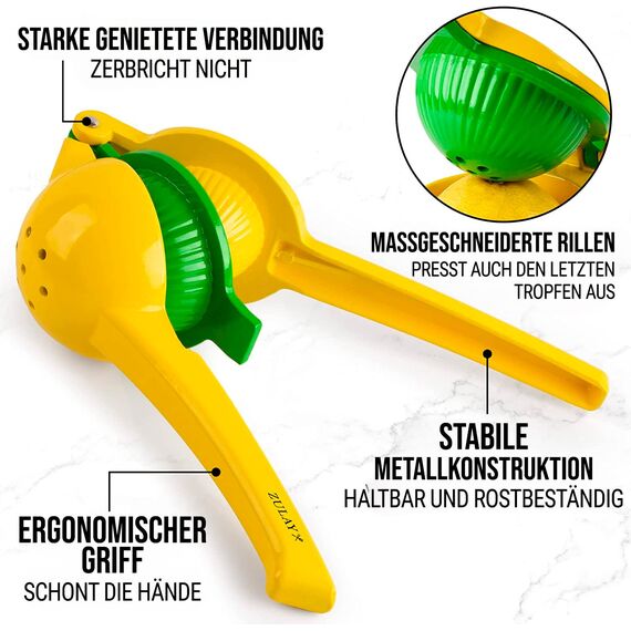 Zulay Kitchen Zitronenpresse & Limettenpresse, Manuelle Zitruspresse Handpresse für Zitronen und Limetten, Entsafter Saftpresse Manuell, Robuste Saftpresse aus Aluminium (Gelb/Grün)