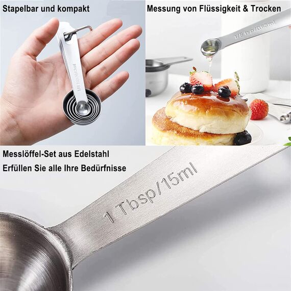 Messlöffel-Set Edelstahl Teelöffel 6 Stück Cup Messbecher Klein Löffel Set mit Skala, 6-Teilige Gewürzlöffel Esslöffel Dosierlöffel für Klein Gewürzgläser Trockenrationen Flüssigkeit Backmessen