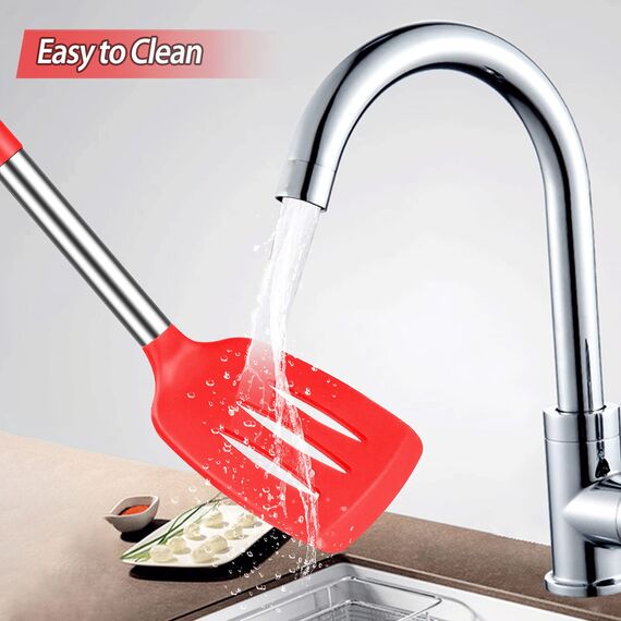 Pfannenwender Silikon, Hitzebeständig Silikon Geschlitzt Pfannenwender Küchenhelfer Spatel BPA Frei, Spülmaschinengeeignet Küchenhelfer Kochgeschirr Edelstahl Turner Antihaft Spachtel zum Kochen, Rot