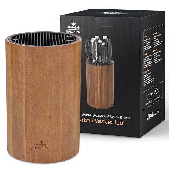 ENOKING Messerblock Ohne Messer, Universal Messerblock mit Schlitzen für Scheren und Schärfstab, Runder Messerhalter aus Akazienholz, Unbestückte Messerblöcke für Messeraufbewahrung