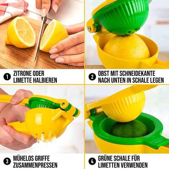 Zulay Kitchen Zitronenpresse & Limettenpresse, Manuelle Zitruspresse Handpresse für Zitronen und Limetten, Entsafter Saftpresse Manuell, Robuste Saftpresse aus Aluminium (Gelb/Grün)