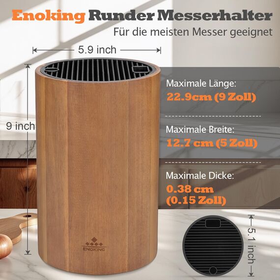 ENOKING Messerblock Ohne Messer, Universal Messerblock mit Schlitzen für Scheren und Schärfstab, Runder Messerhalter aus Akazienholz, Unbestückte Messerblöcke für Messeraufbewahrung