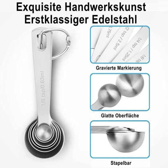 Messlöffel-Set Edelstahl Teelöffel 6 Stück Cup Messbecher Klein Löffel Set mit Skala, 6-Teilige Gewürzlöffel Esslöffel Dosierlöffel für Klein Gewürzgläser Trockenrationen Flüssigkeit Backmessen