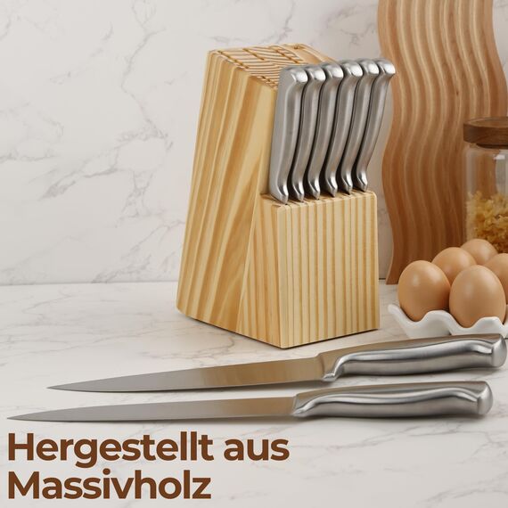 Messerblock ohne Messer Kieferholz für 15 Teile. Universal Messerhalter aus Massivholz, robuster und eleganter. Messerhalter mit Scherenschlitz, Küchenmesser-Block (Kieferholz)