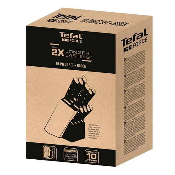 Tefal Ice Force 11-tlg. Messerblock-Set, 6 Messer, 4 Steak Messer, 1 Holz-Messerblock, hochwertiger, deutscher Edelstahl, Ice Force Technologie, korrosionsbeständig, schwarz/braun/silber, K232SA