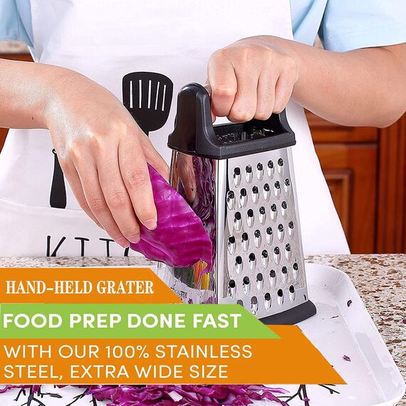 TELANKS Vierkantreibe Edelstahl, Grater Kitchen, 4-seitige Reibe mit Behälter, Reibe für Gemüse, Käsereibe, Küchenreibe, 4 unentbehrliche Küchenfunktionen für Grobes, Mittleres, Feines und Hobeln