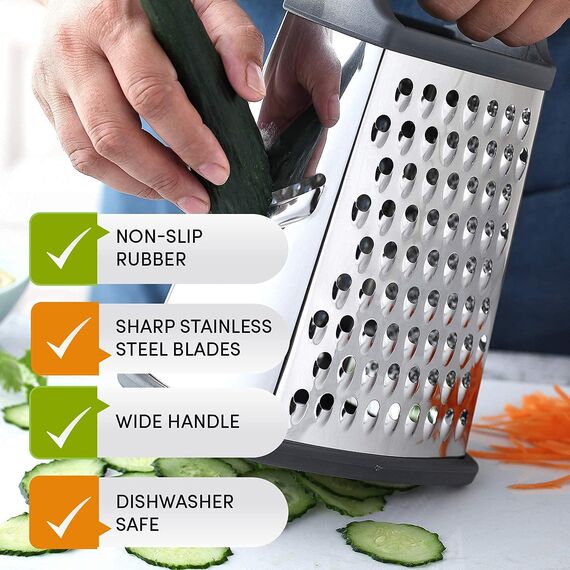 TELANKS Vierkantreibe Edelstahl, Grater Kitchen, 4-seitige Reibe mit Behälter, Reibe für Gemüse, Käsereibe, Küchenreibe, 4 unentbehrliche Küchenfunktionen für Grobes, Mittleres, Feines und Hobeln