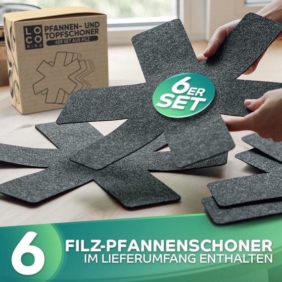 Loco Bird Pfannenschoner Filz 6er Set - 38 cm Pfannenschutz Stapelschutz - Topfschoner anpassbare Größe - Pfannentrenner in grau, Filztopf, Topfschutz, Topfuntersetzer Filz, Topftrenner, Pan Protector