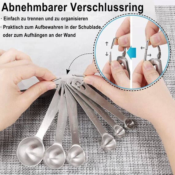 Messlöffel-Set Edelstahl Teelöffel 6 Stück Cup Messbecher Klein Löffel Set mit Skala, 6-Teilige Gewürzlöffel Esslöffel Dosierlöffel für Klein Gewürzgläser Trockenrationen Flüssigkeit Backmessen