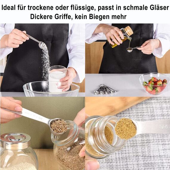 Messlöffel-Set Edelstahl Teelöffel 6 Stück Cup Messbecher Klein Löffel Set mit Skala, 6-Teilige Gewürzlöffel Esslöffel Dosierlöffel für Klein Gewürzgläser Trockenrationen Flüssigkeit Backmessen