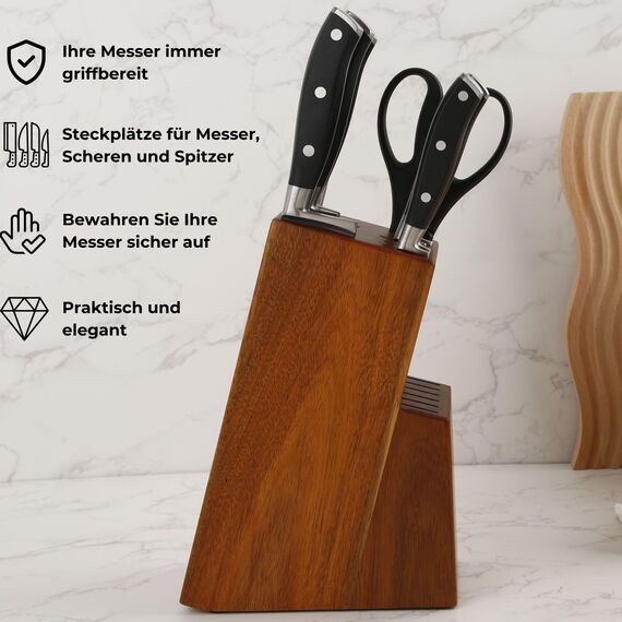 Messerblock ohne Messer Akazienholz für 15 Teile. Universal Messerhalter aus Massivholz, robuster und eleganter. Messerhalter mit Scherenschlitz, Küchenmesser-Block (Akazienholz)