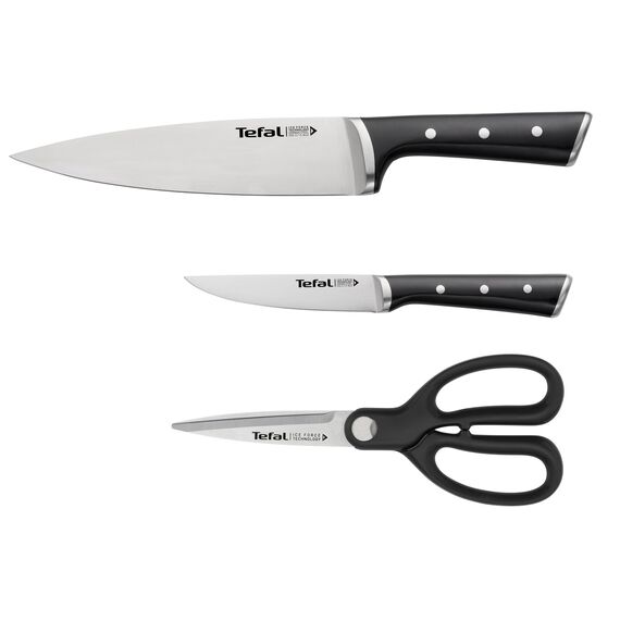 Tefal Ice Force 3-teiliges Messerset, Kochmesser, Universalmesser, Küchenschere, Klinge aus deutschem Edelstahl, lang anhaltende Schneidleistung und Schärfe, Edelstahl/Schwarz, K232S355