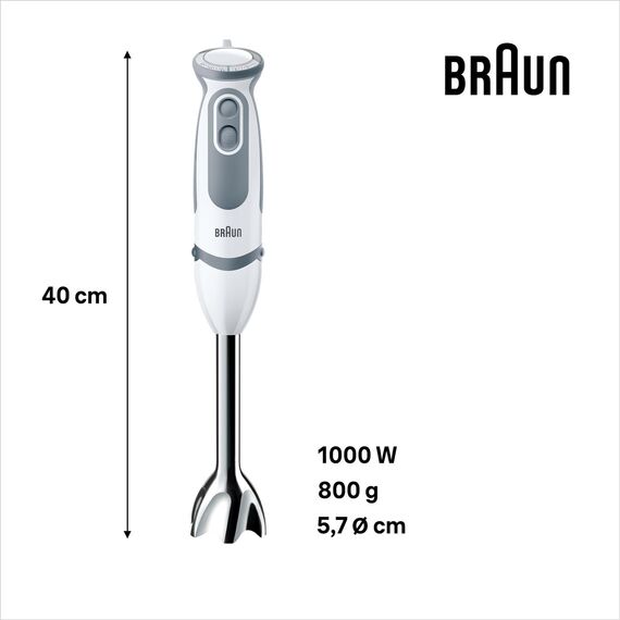Braun Stabmixer MQ 5220WH Stabmixer – MultiQuick 5 Vario Pürierstab mit Edelstahl Mixfuß, 1000 Watt, inkl. 2-teiligem Zubehör-Set, weiß/grau