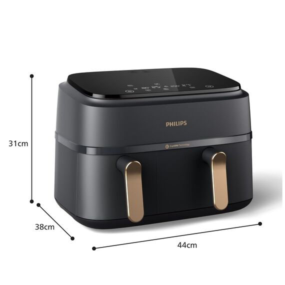 Philips Airfryer Dual Basket 3000 Series Heißluftfritteuse, 9L, 2 Körbe, 2 Gerichte gleichzeitig, RapidAir Plus Technologie, 90% weniger Fett, Energieeffizient, HomeID App (NA352/00)