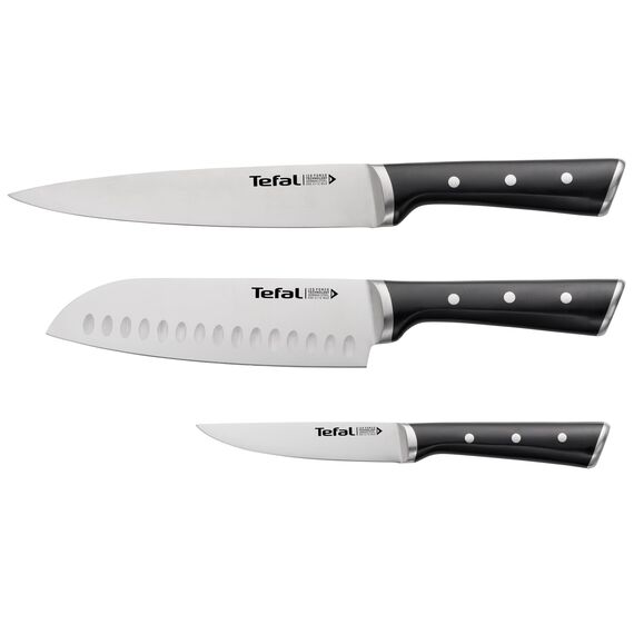 Tefal Ice Force 3er Set, Fleischmesser 20 cm, Santokumesser 18 cm, Universalmesser 11 cm, Edelstahl, schwarz, K232S3