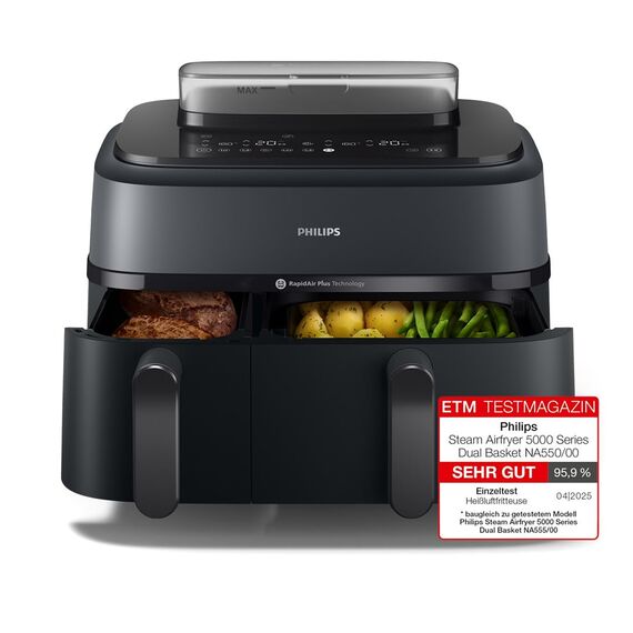 Philips Steam Airfryer 5000 Series Dual Basket Heißluftfritteuse mit Dampfgar-Funktion & 2 Körben – Steam, Airfry, SteamFry, 9L (3L+6L), RapidAir Plus, automatische Dampfreinigung (NA550/00)