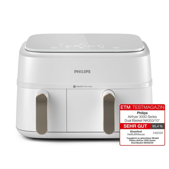 Philips Airfryer Dual Basket 3000 Series Heißluftfritteuse, 9L, 2 Körbe, 2 Gerichte gleichzeitig, RapidAir Plus Technologie, 90% weniger Fett, Energieeffizient, HomeID App, Weiß (NA353/10)