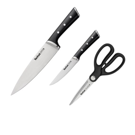 Tefal Ice Force 3-teiliges Messerset, Kochmesser, Universalmesser, Küchenschere, Klinge aus deutschem Edelstahl, lang anhaltende Schneidleistung und Schärfe, Edelstahl/Schwarz, K232S355
