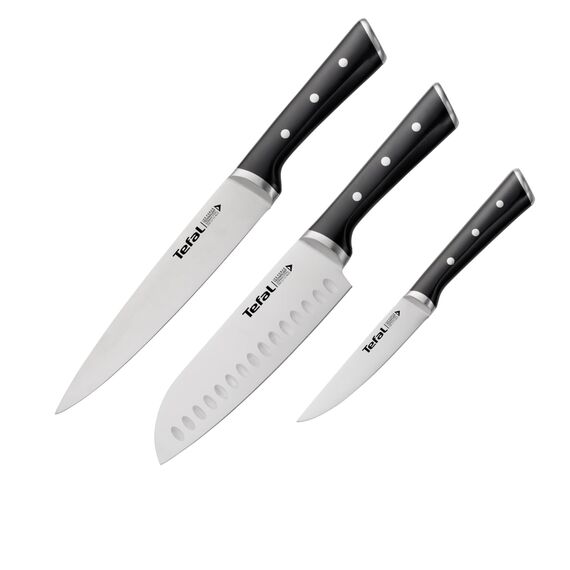Tefal Ice Force 3er Set, Fleischmesser 20 cm, Santokumesser 18 cm, Universalmesser 11 cm, Edelstahl, schwarz, K232S3