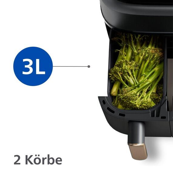 Philips Airfryer Dual Basket 3000 Series Heißluftfritteuse, 9L, 2 Körbe, 2 Gerichte gleichzeitig, RapidAir Plus Technologie, 90% weniger Fett, Energieeffizient, HomeID App (NA352/00)