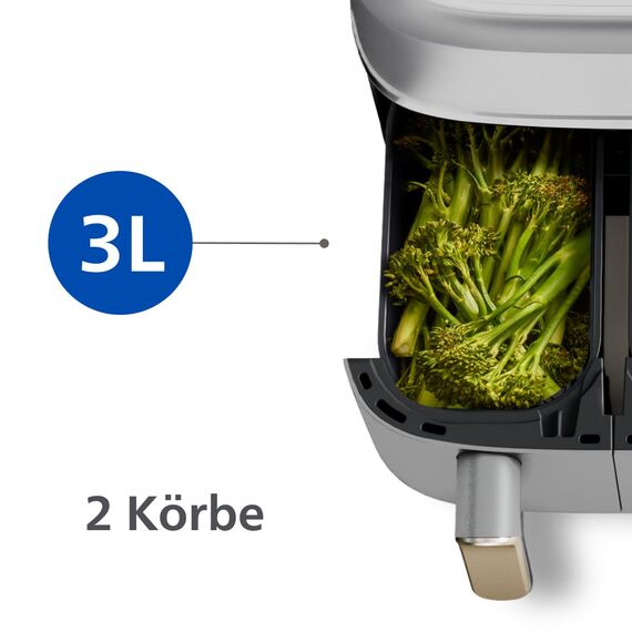 Philips Airfryer Dual Basket 3000 Series Heißluftfritteuse, 9L, 2 Körbe, 2 Gerichte gleichzeitig, RapidAir Plus Technologie, 90% weniger Fett, Energieeffizient, HomeID App, Weiß (NA353/10)