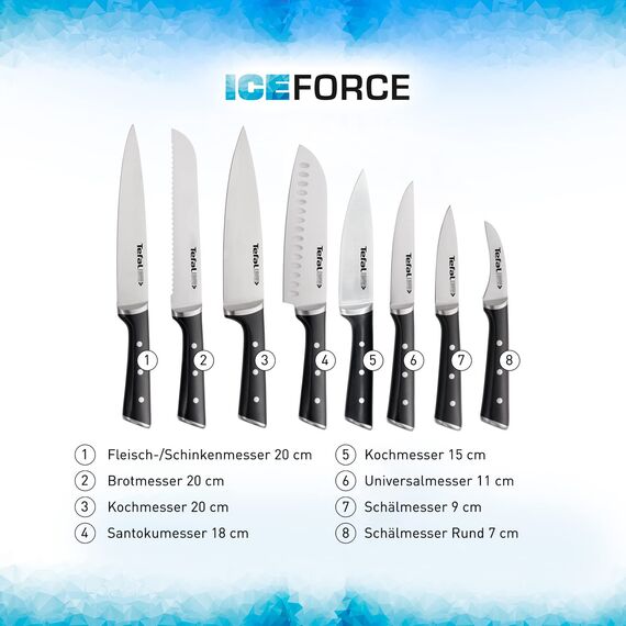 Tefal Ice Force Santoku Messer, 18cm, Korrosionsschutz, Handschutz, Edelstahl, Edelstahl/Schwarz, K23206