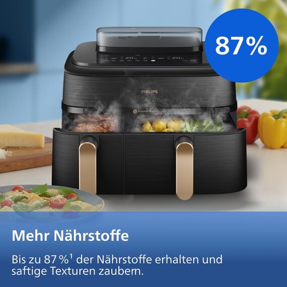Philips Steam Airfryer 5000 Series Dual Basket Heißluftfritteuse mit Dampfgar-Funktion & 2 Körben – Steam, Airfry, SteamFy, 9L (3L+6L), RapidAir Plus, automatische Dampfreinigung (NA552/00)