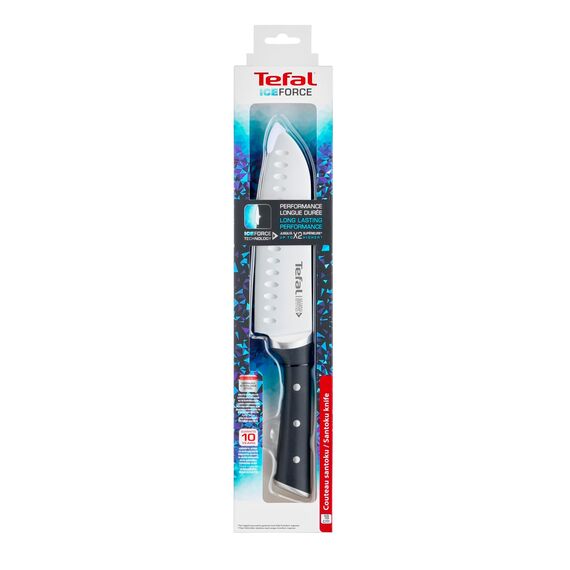 Tefal Ice Force Santoku Messer, 18cm, Korrosionsschutz, Handschutz, Edelstahl, Edelstahl/Schwarz, K23206