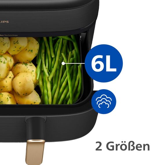 Philips Steam Airfryer 5000 Series Dual Basket Heißluftfritteuse mit Dampfgar-Funktion & 2 Körben – Steam, Airfry, SteamFy, 9L (3L+6L), RapidAir Plus, automatische Dampfreinigung (NA552/00)