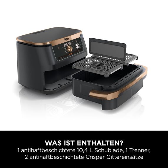 Ninja Foodi FlexDrawer Dual Zone Heißluftfritteuse, Air fryer mit 10,4-Fach und herausnehmbarem Trenner, Antihaftbeschichtung, spülmaschinenfester Korb, 7-in-1, Schwarz & Kupfer, AF500EUCP