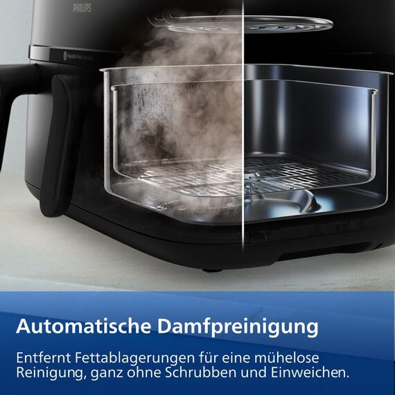 Philips Steam Airfryer 5000 Series Dual Basket Heißluftfritteuse mit Dampfgar-Funktion & 2 Körben – Steam, Airfry, SteamFry, 9L (3L+6L), RapidAir Plus, automatische Dampfreinigung (NA550/00)