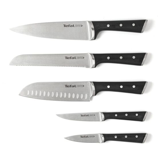 Tefal Ice Force Messerblock aus Holz, 5 Messer, Brotmesser 20 cm, Chefmesser 20 cm, Santokumesser 18 cm, Gemüsemesser 11 cm, Tranchiermesser 9 cm, Edelstahl, braun/schwarz, K232S5