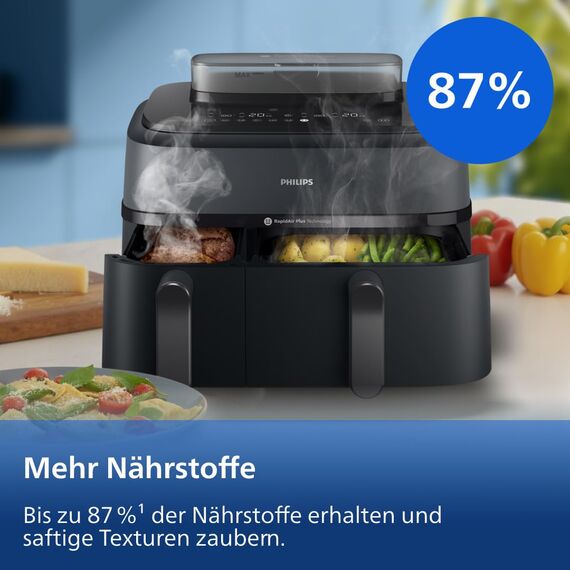 Philips Steam Airfryer 5000 Series Dual Basket Heißluftfritteuse mit Dampfgar-Funktion & 2 Körben – Steam, Airfry, SteamFry, 9L (3L+6L), RapidAir Plus, automatische Dampfreinigung (NA550/00)
