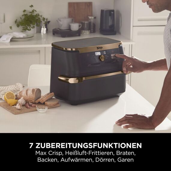 Ninja Foodi FlexDrawer Dual Zone Heißluftfritteuse, Air fryer mit 10,4-Fach und herausnehmbarem Trenner, Antihaftbeschichtung, spülmaschinenfester Korb, 7-in-1, Schwarz & Kupfer, AF500EUCP