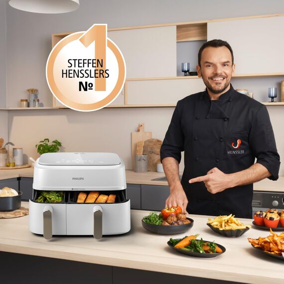 Philips Airfryer Dual Basket 3000 Series Heißluftfritteuse, 9L, 2 Körbe, 2 Gerichte gleichzeitig, RapidAir Plus Technologie, 90% weniger Fett, Energieeffizient, HomeID App, Weiß (NA353/10)
