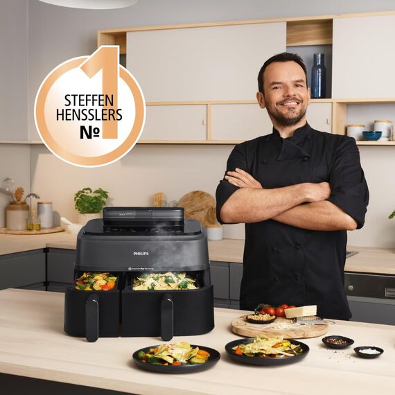 Philips Steam Airfryer 5000 Series Dual Basket Heißluftfritteuse mit Dampfgar-Funktion & 2 Körben – Steam, Airfry, SteamFry, 9L (3L+6L), RapidAir Plus, automatische Dampfreinigung (NA550/00)