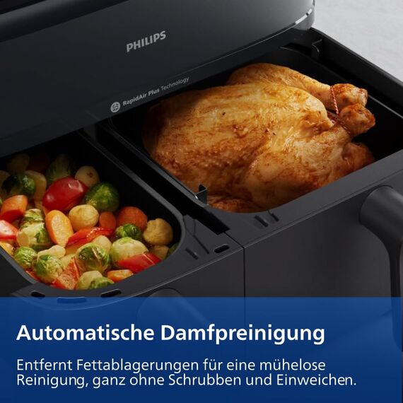 Philips Steam Airfryer 5000 Series Dual Basket Heißluftfritteuse mit Dampfgar-Funktion & 2 Körben – Steam, Airfry, SteamFy, 9L (3L+6L), RapidAir Plus, automatische Dampfreinigung (NA552/00)
