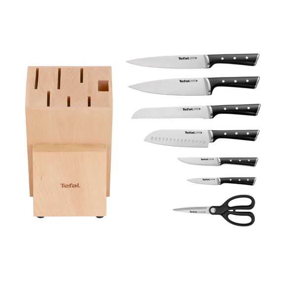 Tefal Ice Force 8-tlg. Messerblock-Set, 6 Messer, 1 Schere, 1 Holz-Messerblock, hochwertiger deutscher Edelstahl, Ice Force Technologie, korrosionsbeständig, schwarz, braun, silber, K232S7