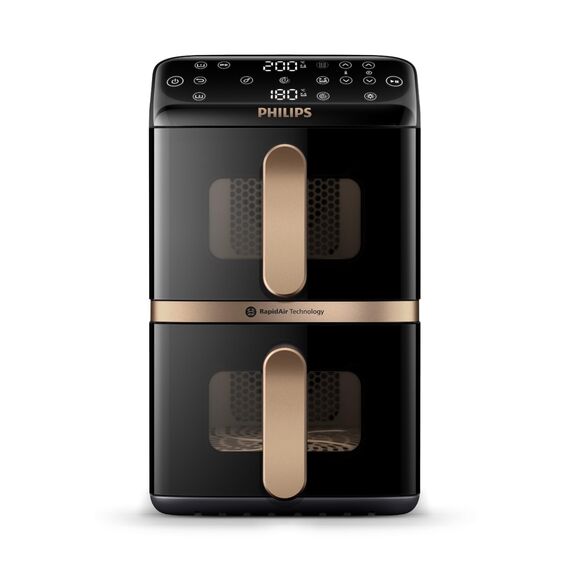 Philips Airfryer 4000 Series Stacked Dual Basket, Gestapelte Heißluftfritteuse mit 2 Körben, 10L, RapidAir Technologie, 45% weniger Platzbedarf, PFAS-freie Keramikbeschichtung, Sichtfenster (NA462/70)