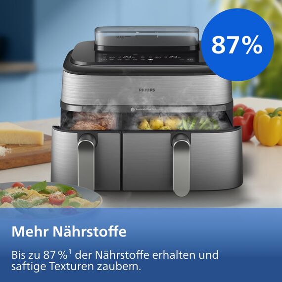 Philips Steam Airfryer 5000 Series Dual Basket Heißluftfritteuse mit Dampfgar-Funktion & 2 Körben – Steam, Airfry, SteamFy, 9L (3L+6L), RapidAir Plus, automatische Dampfreinigung (NA555/00)