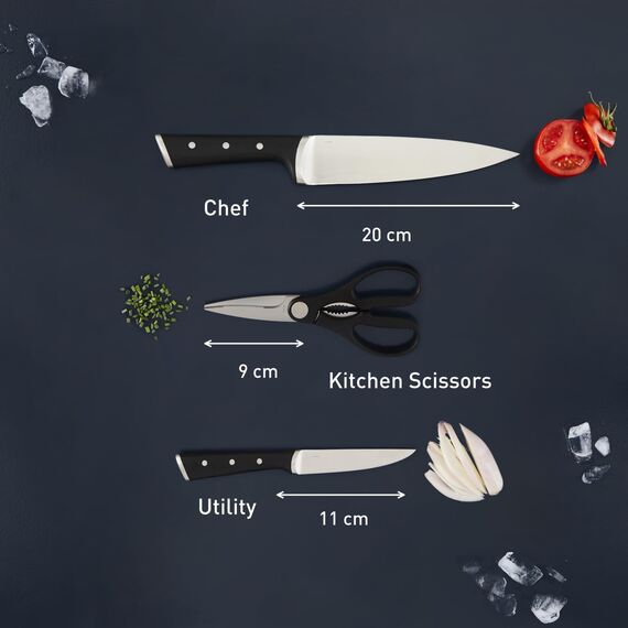 Tefal Ice Force 3-teiliges Messerset, Kochmesser, Universalmesser, Küchenschere, Klinge aus deutschem Edelstahl, lang anhaltende Schneidleistung und Schärfe, Edelstahl/Schwarz, K232S355