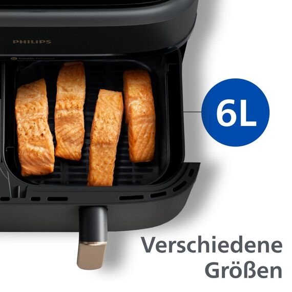 Philips Airfryer Dual Basket 3000 Series Heißluftfritteuse, 9L, 2 Körbe, 2 Gerichte gleichzeitig, RapidAir Plus Technologie, 90% weniger Fett, Energieeffizient, HomeID App (NA352/00)
