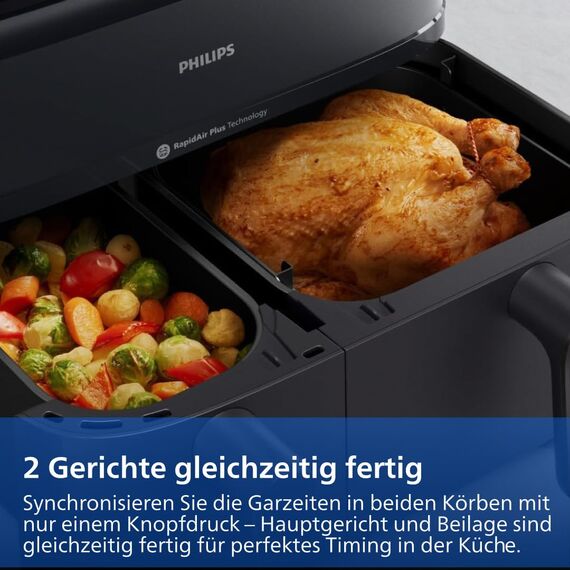 Philips Steam Airfryer 5000 Series Dual Basket Heißluftfritteuse mit Dampfgar-Funktion & 2 Körben – Steam, Airfry, SteamFry, 9L (3L+6L), RapidAir Plus, automatische Dampfreinigung (NA550/00)