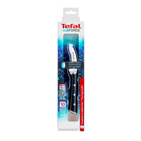 Tefal Ice Force rundes Schälmesser, 7 cm Klinge, Korrosionsschutz, Handschutz, Edelstahl/Schwarz, K23212