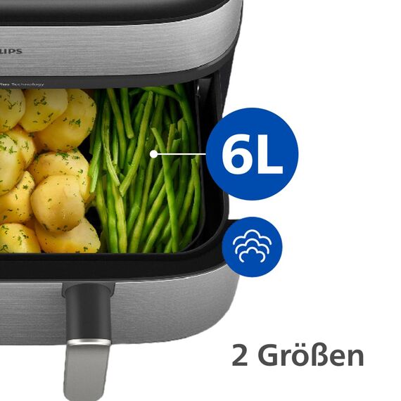 Philips Steam Airfryer 5000 Series Dual Basket Heißluftfritteuse mit Dampfgar-Funktion & 2 Körben – Steam, Airfry, SteamFy, 9L (3L+6L), RapidAir Plus, automatische Dampfreinigung (NA555/00)