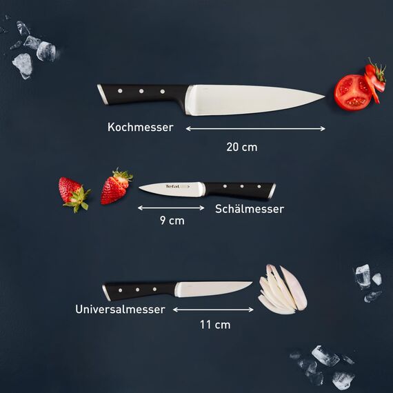 Tefal Ice Force Messerblock aus Holz, 5 Messer, Brotmesser 20 cm, Chefmesser 20 cm, Santokumesser 18 cm, Gemüsemesser 11 cm, Tranchiermesser 9 cm, Edelstahl, braun/schwarz, K232S5