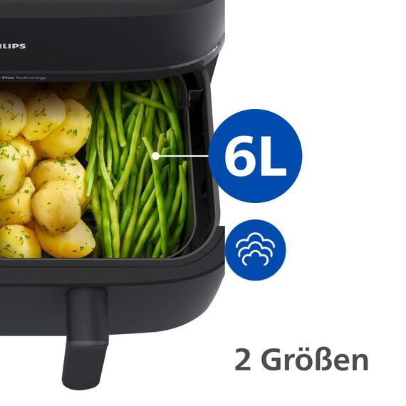 Philips Steam Airfryer 5000 Series Dual Basket Heißluftfritteuse mit Dampfgar-Funktion & 2 Körben – Steam, Airfry, SteamFry, 9L (3L+6L), RapidAir Plus, automatische Dampfreinigung (NA550/00)
