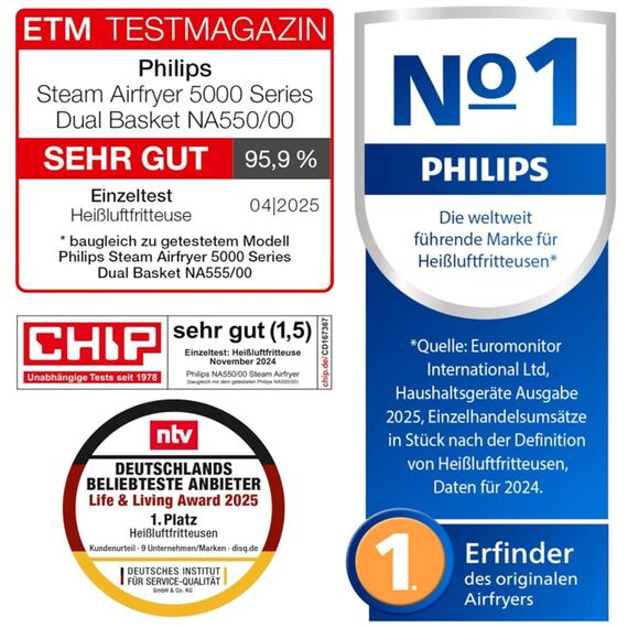 Philips Steam Airfryer 5000 Series Dual Basket Heißluftfritteuse mit Dampfgar-Funktion & 2 Körben – Steam, Airfry, SteamFry, 9L (3L+6L), RapidAir Plus, automatische Dampfreinigung (NA550/00)