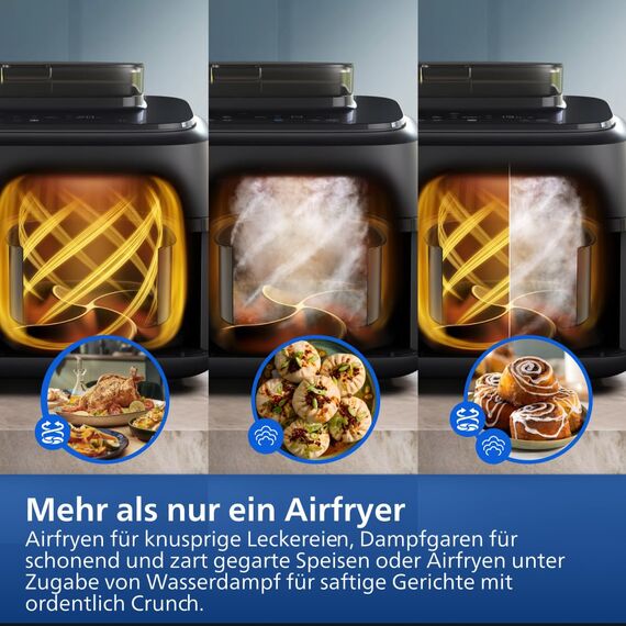 Philips Steam Airfryer 5000 Series Dual Basket Heißluftfritteuse mit Dampfgar-Funktion & 2 Körben – Steam, Airfry, SteamFry, 9L (3L+6L), RapidAir Plus, automatische Dampfreinigung (NA550/00)